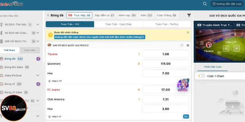Bảng cược kèo 1X2 hiển thị ở SV88